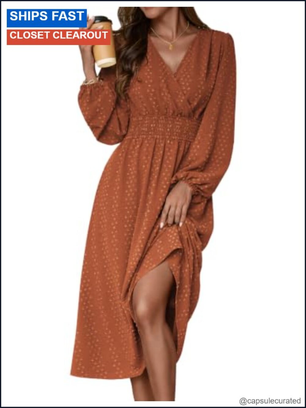 Women's Flowy Midi Swiss Dot Dress Long Puff Sleeve Elastic Waist